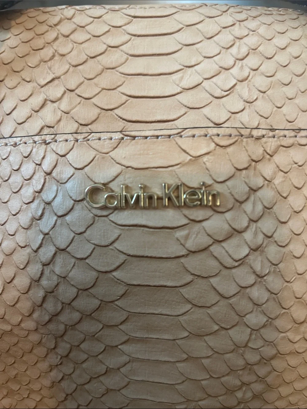 Calvin Klein Beige Snake-Embossed Satchel with Tan Pouch